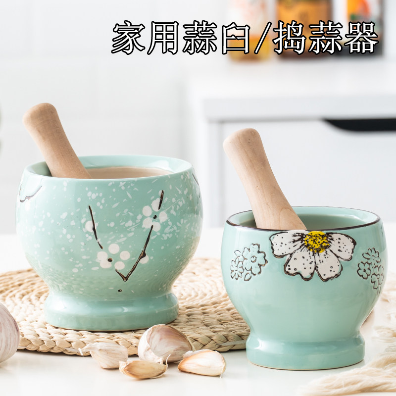 Ceramic Garlic Mortar Subpressure Garlic Device Home Thickening Traditional Garlic Vat Solid Wood Grinding Machine Garlic Clay Machine Manual Mashing Machine