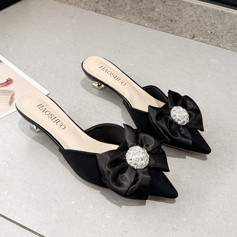 Women's Summer Mules with Satin Bow, Rhinestones, Pointed Toe, Low Heel, Thin High Heel, and Open-Back Design