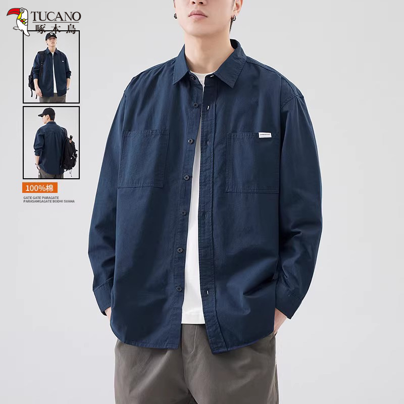 Woodpecker Long-Sleeved Shirt for Men, Spring and Autumn Style, Casual High-End Navy Blue Jacket, Work Shirt for Men
