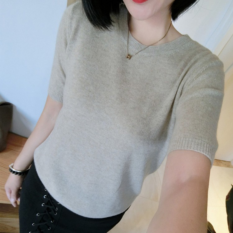 Mùa xuân và mùa thu cổ tròn tay ngắn cao cổ tay áo ngắn một nửa lỏng lẻo áo sơ mi mỏng đan áo len dệt kim áo thun mới hàng đầu thoi trang cong so