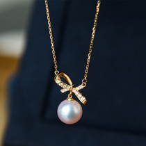 Japan Akoya Pearl Necklace 18K Gold Inlaid Diamond Butterfly Knot Seawater Pearl Pendant Lock Bone Chain Elegance