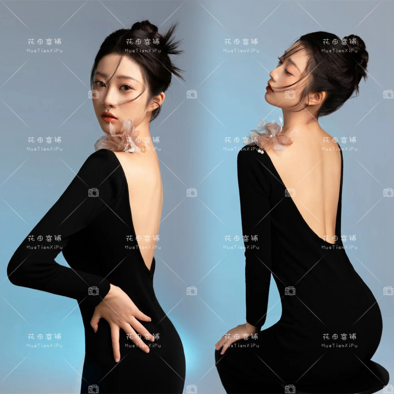 New Studio-Themed Fashion Minimalist Black Portrait Photo Backless Knitted Dress Image Art Clothing
