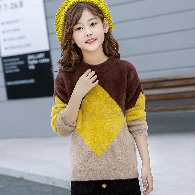 Girls sweater pullover autumn and winter thickened plus velvet big children's mink velvet sweater 12-15 years old tide big children's linen