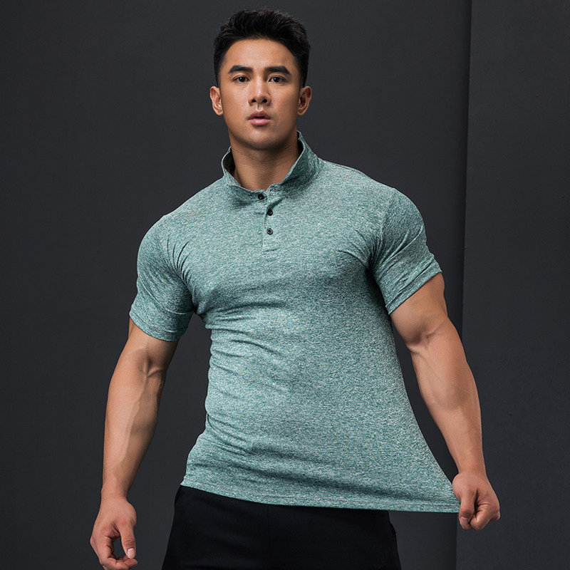 Line iron wolf fitness quick dry air high elastic loose training short sleeve lapel sports polo shirt men's casual half sleeve