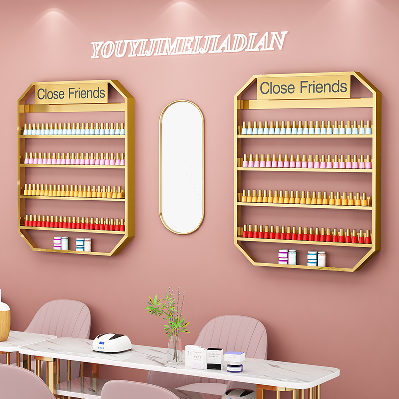 Nail art shelf Wall-mounted nail shop wall rack display rack Wrought iron personality art generous placement nail oil glue shelf