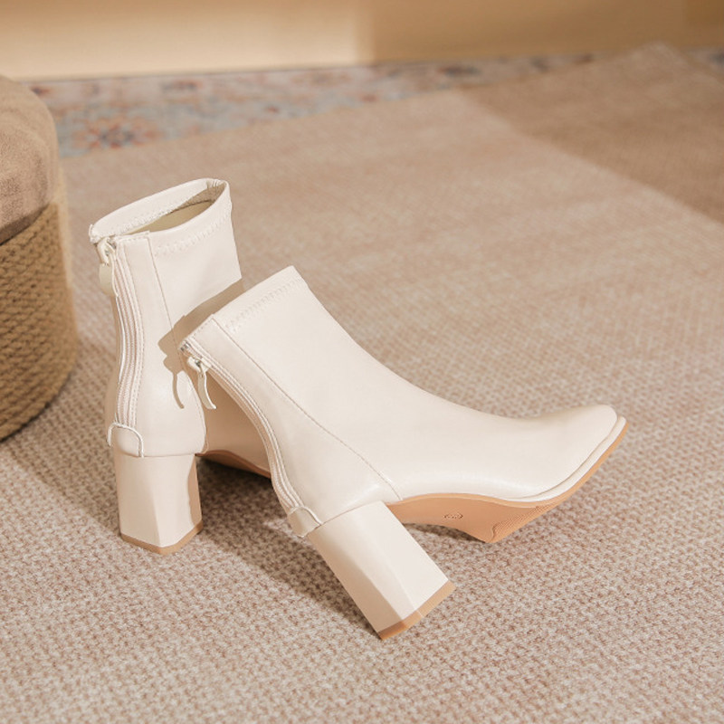 MEILING ~ coarse heel short boots woman 2023 autumn winter new French style square head single boot fashion high heel short slim slim boot-Taobao