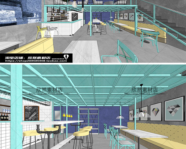 DB01102 sketchup室内工装案例SU模型清新LOFT小酒馆咖啡厅草图...-2