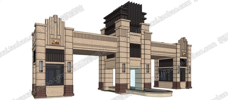 DB00895 SU新古典景观模型ARTDECO亭廊景墙小品灯柱大门-6