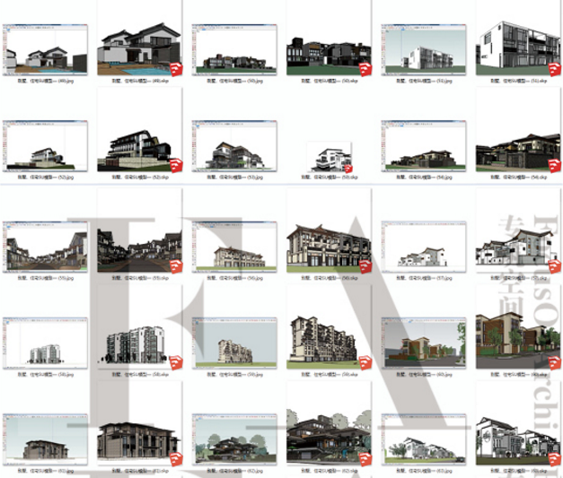 ZZ0090新中式徽派风格别墅住宅建筑方案设计SketchUp模型草模...-4