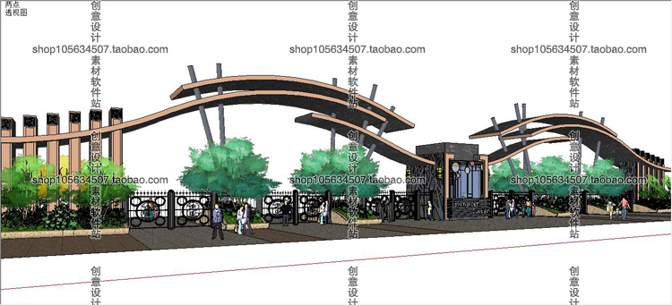 DB08120小区景区学校欧式中式厂区大门岗亭入口sketchup模型...-29