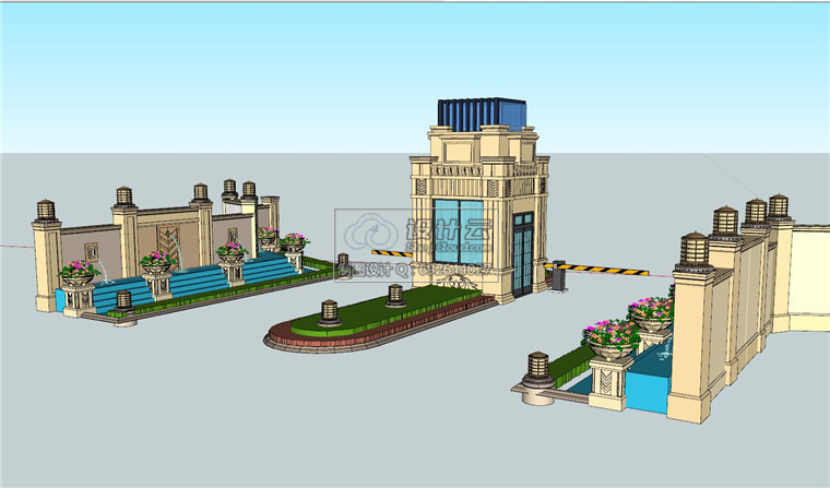SU00259欧式小区大门居住区门头su经典模型精细建筑方案设计-2