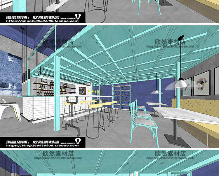 DB01102 sketchup室内工装案例SU模型清新LOFT小酒馆咖啡厅草图...-3