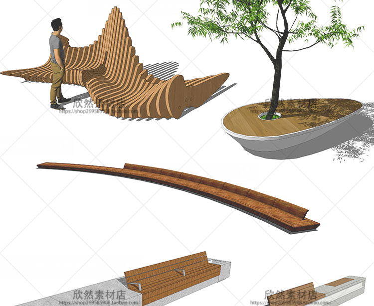 R190 sketchup草图大师园林景观室内座凳长椅座椅商业广场...-5