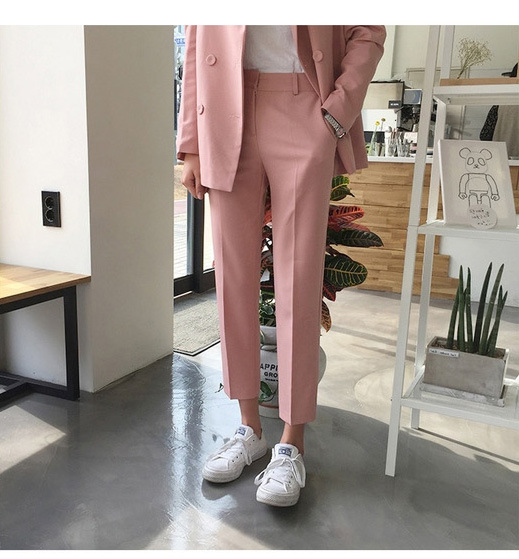 2018 mùa xuân và mùa thu mới của Hàn Quốc đôi ngực blazer + cao eo giản dị chín điểm chân quần hai phù hợp với phụ nữ quần áo nữ