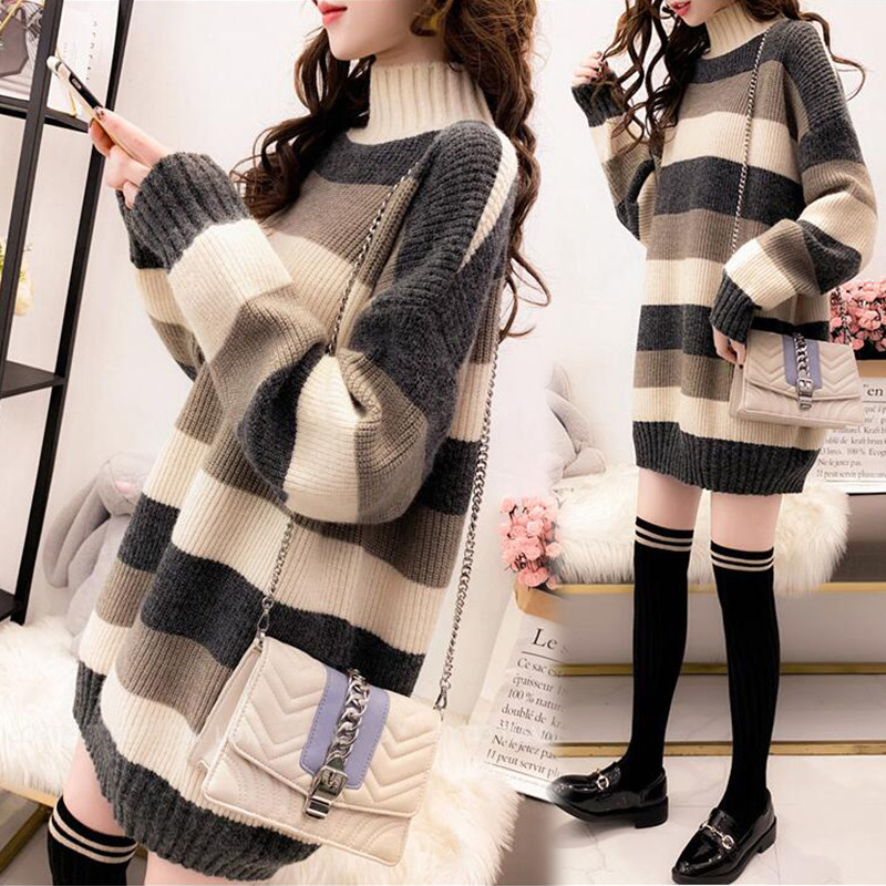 Plus size women's thickened sweater autumn and winter new loose mid-length half-high collar knitted sweater all-match striped coat