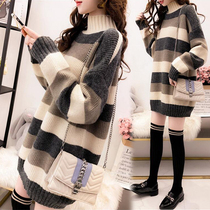 Large size womens thickened sweater autumn and winter new loose mid-length half turtleneck sweater all-match striped coat