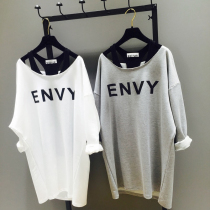 Large size womens spring and autumn new Korean version loose t-shirt womens long-sleeved ins super hot medium and long two-piece bottoming shirt