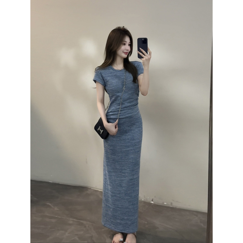 Youyan Summer New Design Pleated Waist Round Neck Short Sleeve Slimming Casual Dress Dt2003