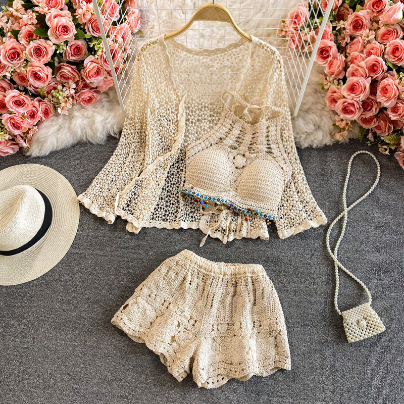Beach Vacation Set: Sun Protection Cardigan, Halter Neck Crochet Hollow-Out Tank Top, Outerwear Swimsuit, High-Waisted Slimming Knit Shorts