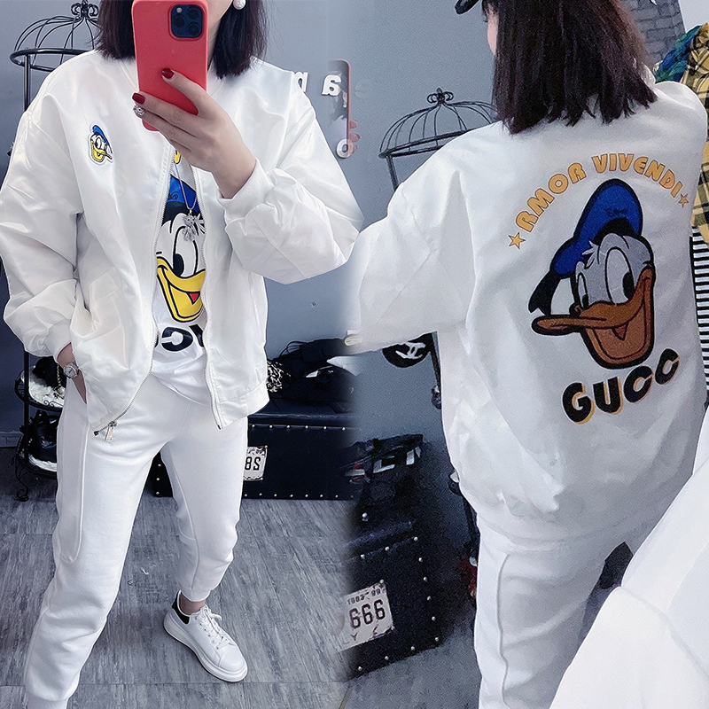 White2021 Spring and summer new pattern Korean version Long sleeve zipper Cardigan jacket Cartoon Donald Duck Versatile fashion loose coat female tide