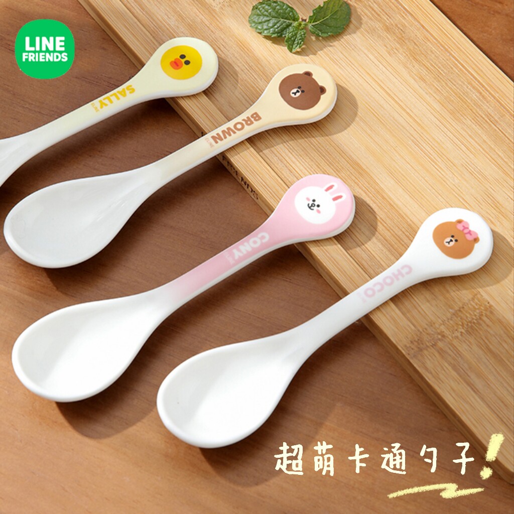 LINE Brown Bear Cartoon Creative Personality Ceramic Spoon Home Drink Soup Children Round Handle Small Spoon Cute Cutlery