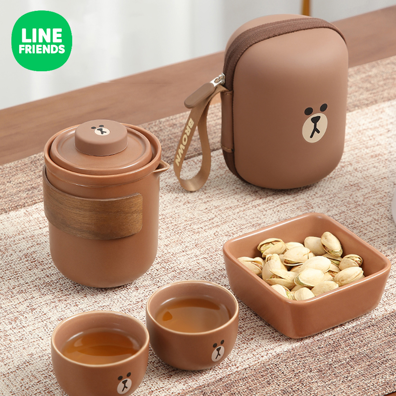 Line Brown Bear Cartoon Ceramic Portable Tea Set One Pot of Two Cup Gongfu Tea suit Quick Guest Cup Outdoor Travel Package