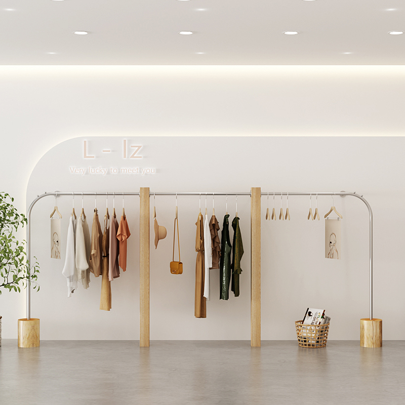 Women's clothing store display frame wall hanging rack solid wood children's clothing display rack stainless steel clothing rack