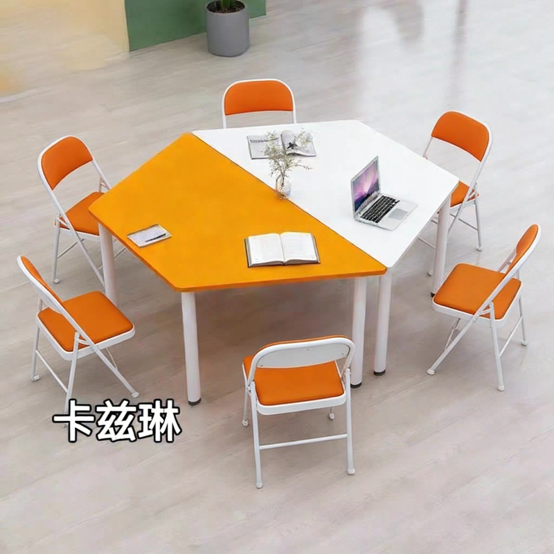 Hexagonal Training Modular Table and Chair Set for Student Group Activities, Trapezoidal Combination Desks for Smart Training Classrooms