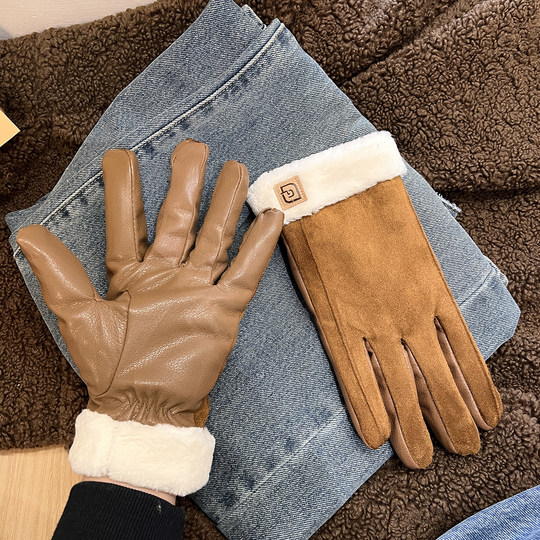 Winter Gloves for Women, Warm, Fleece-Lined, Thickened, Leather, Plush, for Cycling, Electric Bike, Windproof, Cold-Proof, Water-Repellent, Touchscreen-Compatible, for Men