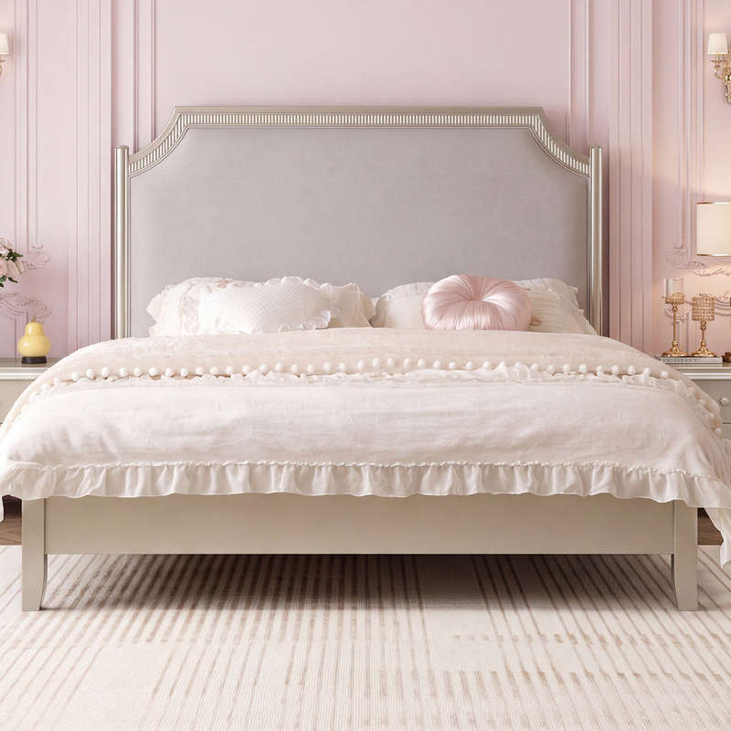 American-Style Light Luxury Solid Wood Bed, Modern Simple Upholstered Bed, French-Style Master Bedroom Large Bed, 1.8m Double Wedding Bed, Princess Bed