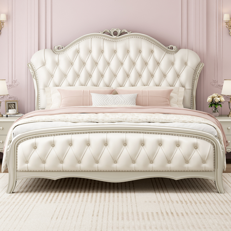 American-Style Solid Wood Bed, Light Luxury Modern Master Bedroom Large Bed, Soft Backrest Princess Bed, Girl's Bedroom, Storage Double Bed, Wedding Bed