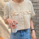 Korean chic summer French retro round neck raw edge design chic button loose pocket tweed short coat