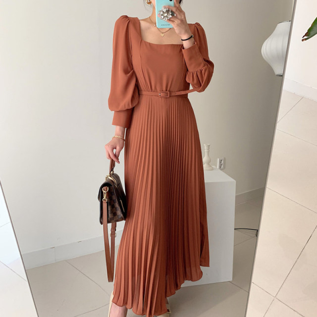 Korean chic autumn style elegant square collar slim waist lantern sleeve long pleated dress with belt for women