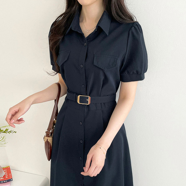 Korean chic summer retro temperament lapel fake pocket single-breasted tie waist slim puff sleeve dress