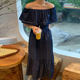 Korean chic summer retro elegant one-word collar off-the-shoulder splicing ruffled waist slimming denim dress female