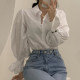 Korean chic autumn French temperament lapel single-breasted loose casual solid color puff sleeve shirt top women