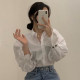 Korean chic autumn French temperament lapel single-breasted loose casual solid color puff sleeve shirt top women