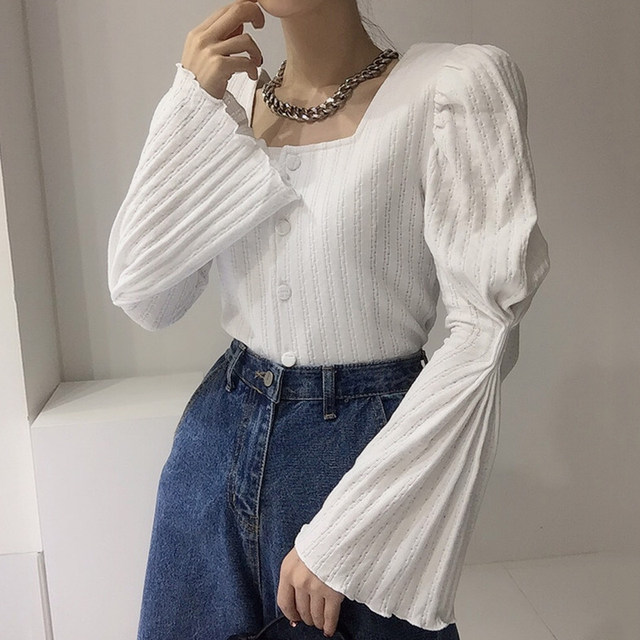 Korean chic niche design slim square collar single-breasted pleated trumpet sleeves versatile knitted cardigan sweater for women