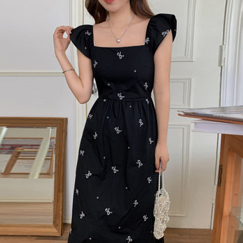 Korean chic summer French retro square collar bow embroidery waist slimming flying sleeves long dress for women