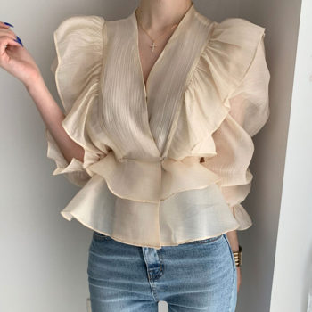 Korean chic French cross V-neck wrinkled design waist and thin double-layer ruffled puff sleeve shirt women