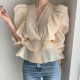 Korean chic French cross V-neck wrinkled design waist and thin double-layer ruffled puff sleeve shirt women