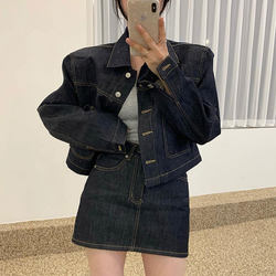 Korean chic retro temperament lapel topstitch ການອອກແບບ jacket denim + ແອວສູງ double pocket skirt suit for women