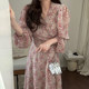 Korean chic spring French elegant V-neck full-screen floral design slim waist puff sleeve long dress