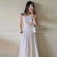 Korean chic spring niche simple round neck waist slimming splicing pleated large swing sleeveless dress for women