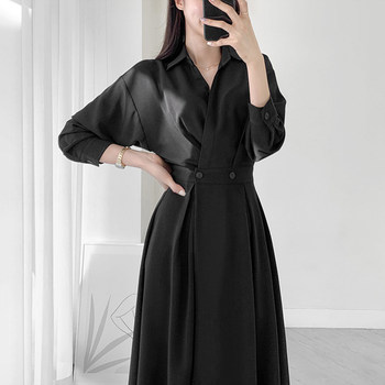 Korean chic autumn French niche lapel double-breasted design sense waist slimming knee-length long dress women