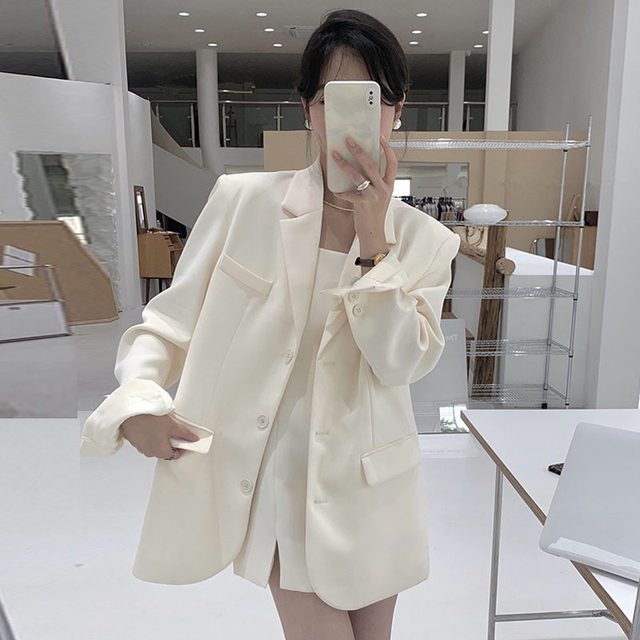 Korean chic spring French temperament lapel single-breasted loose all-match double pocket long-sleeved suit jacket women