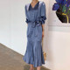 Korean chic temperament elegant smog blue thin V-neck loose tie waist fishtail dress long skirt female