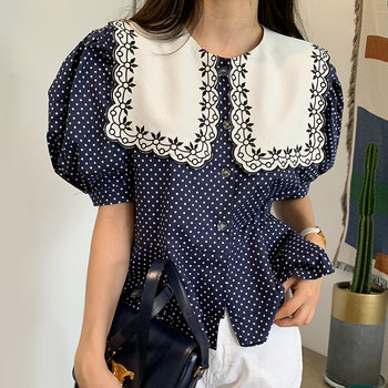 South Korea chic summer western style retro big lapel contrast color single-breasted loose puff sleeve polka dot shirt top women