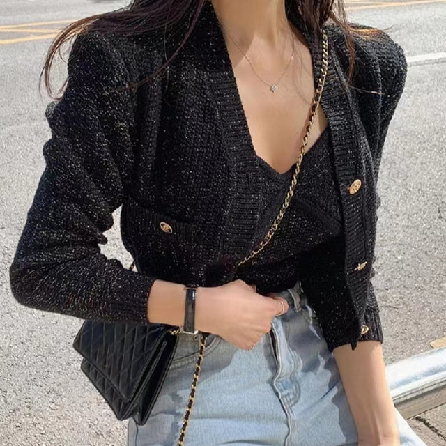 Korean chic autumn new retro V-neck exposed collarbone knitted camisole + single-breasted long-sleeved short cardigan