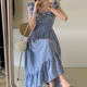 Korean chic summer French sweet U-neck lace plaid stitching ruffles flying sleeves dress female